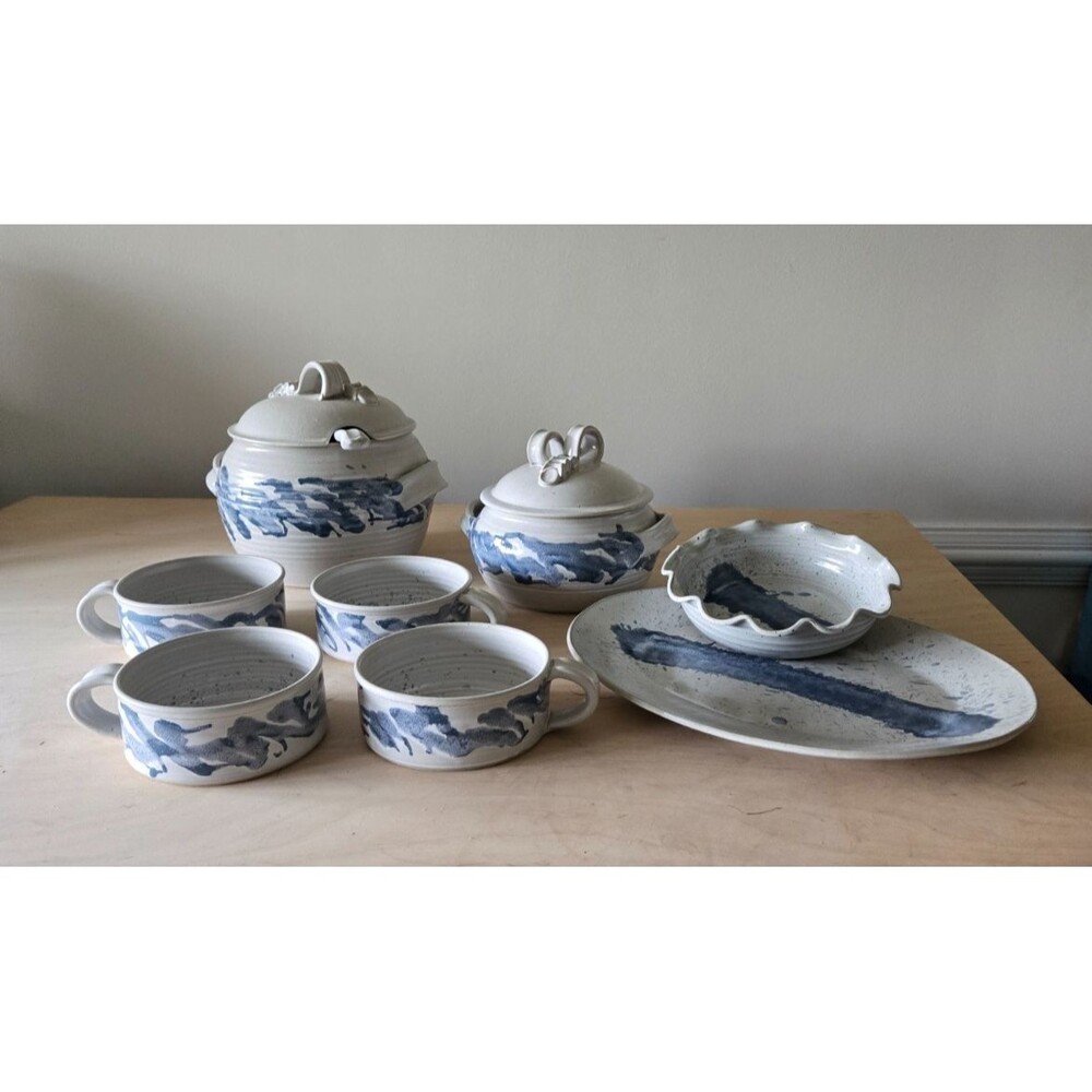 Rusty Miller Signed Studio Pottery Soup tureen bowls serving tray casserole set